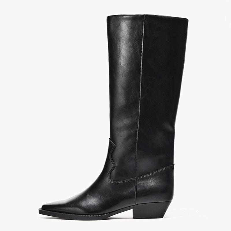 Luxury Designer Knee Boots Women Sexy Black Pointed Toe Sewing Chunky Heel Platform Boots Comfortable Soft Leather Long Boots