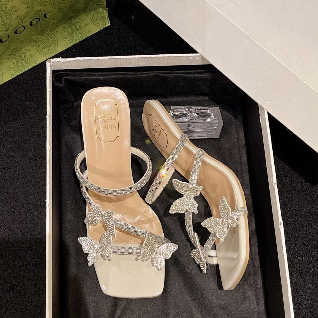 Nischendesign Schmetterling Kristall High-Heel Pantoletten Sommerkleidung 2025 neu Ein-Wort-Riemen Fee wunderschöne Sandalen Frau
