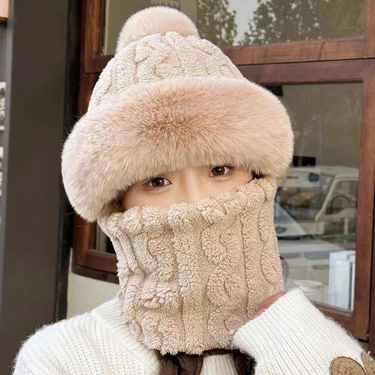 Winter Bear Hat Ear Protection Cold-proof Hooded Scarf Integrated Scarf Cycling Warm Plush Thickened Cute Winter