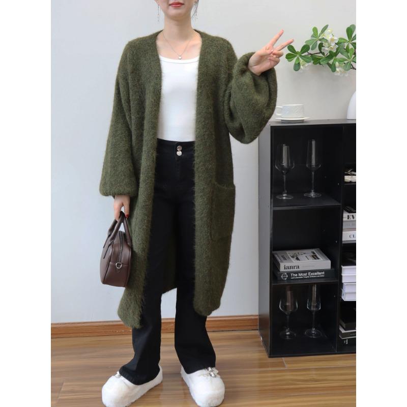 

Длинный кардиган крупной вязки свободного кроя в стиле ленивого ветра, новый темпераментный простой свитер-жакет для женщин на осень и зиму One size зелёный