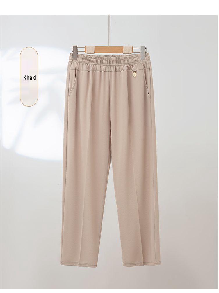 Summer High-Waist Ice Silk Casual Mom Pants: Loose, Elastic, Nine-Point Straight-Leg Style for Middle-Aged and Elderly Women