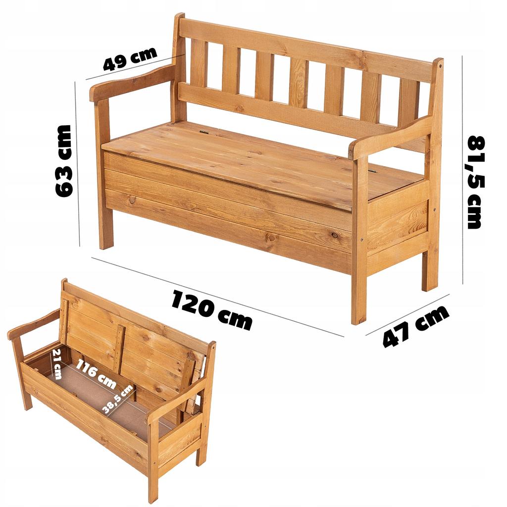 KADAX Wooden Garden Bench With Backrest 120cm With Box Terrace Balcony Garden