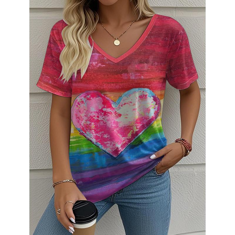 Summer Women's T-Shirt Love Printing Outdoor Retro Fashion Casual Oversized V-Neck Short-Sleeved Women's Clothing