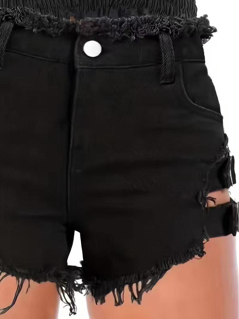 Black Y2K Elastic Denim Shorts with Frayed Edges & Adjustable Metal Buckle