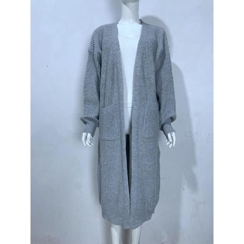 Solid Color Women's Knitted Mid-length Cardigan with Pockets