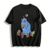 Funny Blue Cat & Potted Plant Print T-Shirt Cool Trendy Casual Top For Men And Women Pure Cotton T-shirt