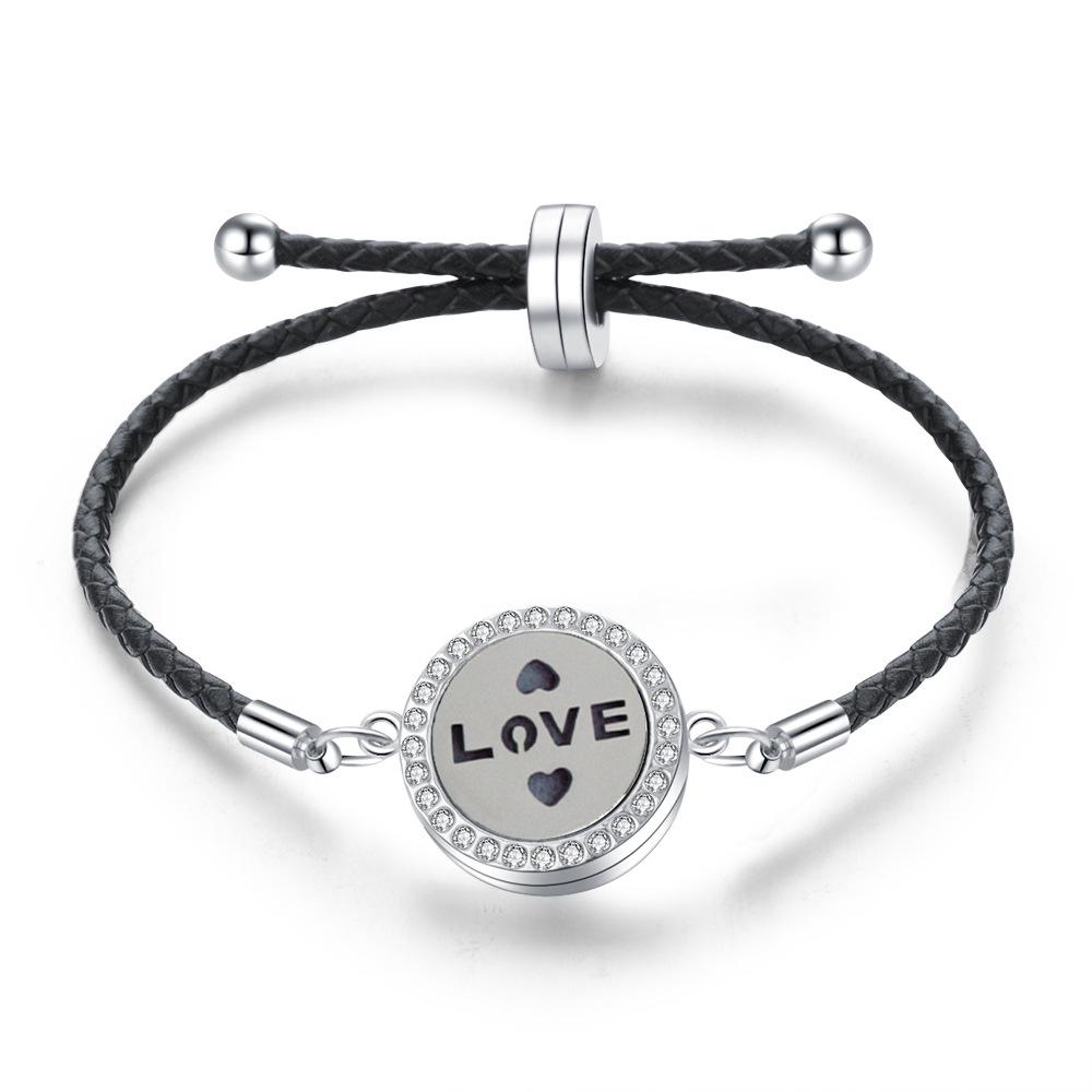 Stainless Steel Tree of Life Aromatherapy Bracelet with Diamonds and Leather Band