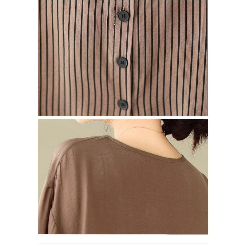 Ice Silk Cotton Linen Loose Slim Striped T-shirt for Women Summer Thin Button Splicing Short-sleeved Top