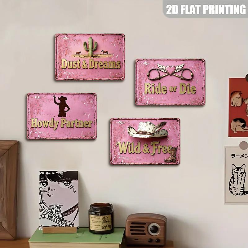 Vintage Pink Cowgirl Metal Sign Western Cactus Horse Wall Decor for Farmhouse Bedroom
