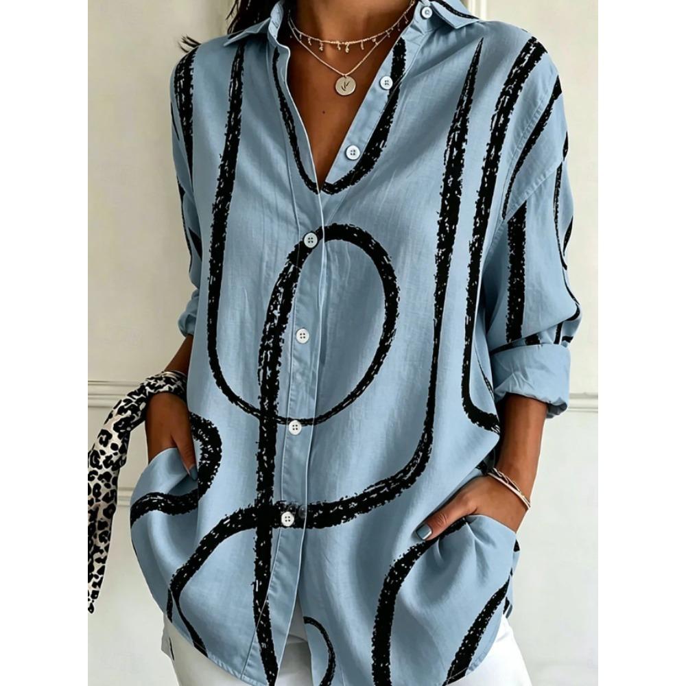 Geometric Print Women Blouse Spring Autumn Femme Office Lady Button Up Turn Down Collar Shirts