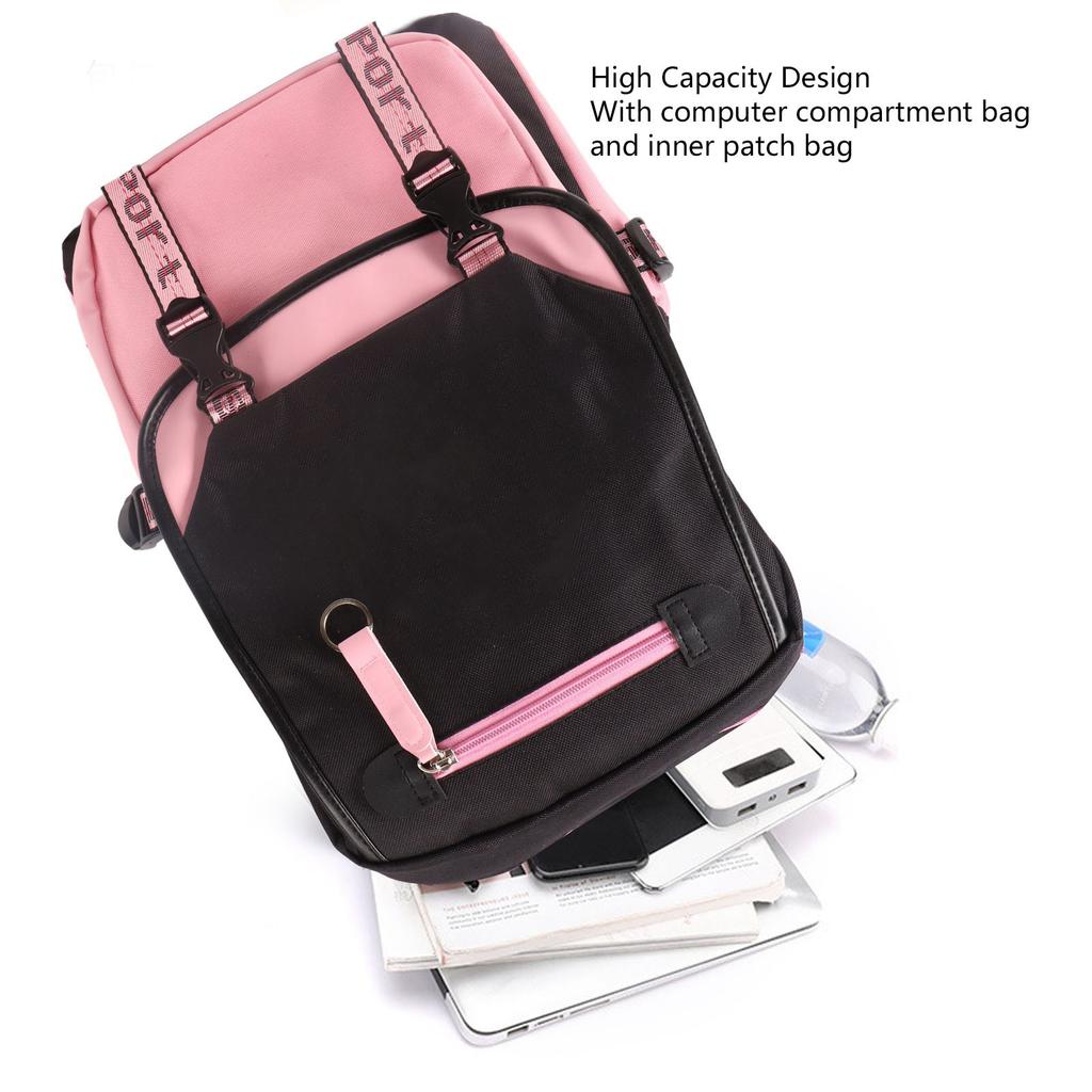 Travel Backpack with USB Charging Port and Headphone Hole Casual Double Shoulder Bag Black Pink