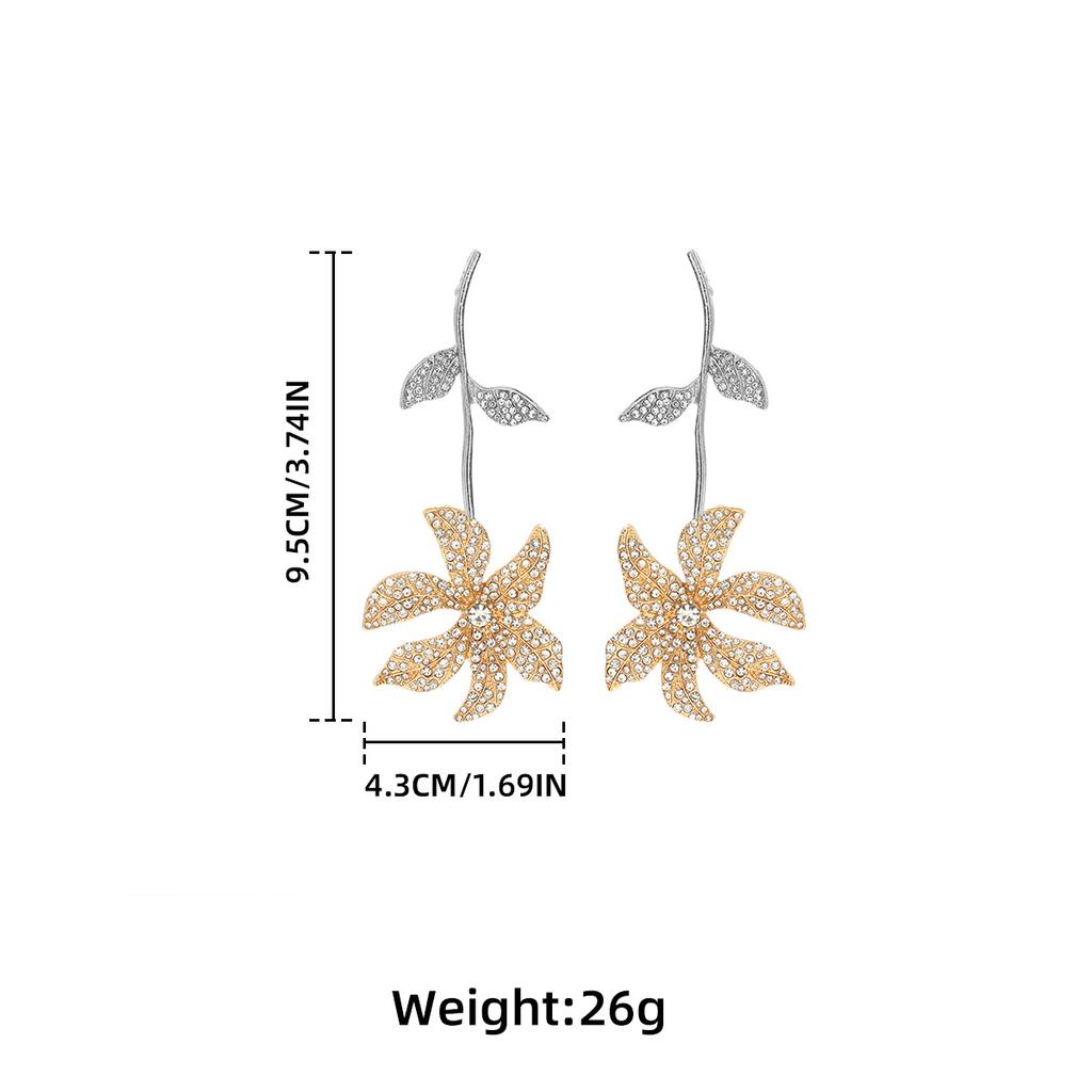 Exaggerated big flower, leaf, full diamond, multi-layer pendant earrings, women's fashionable high-end earrings