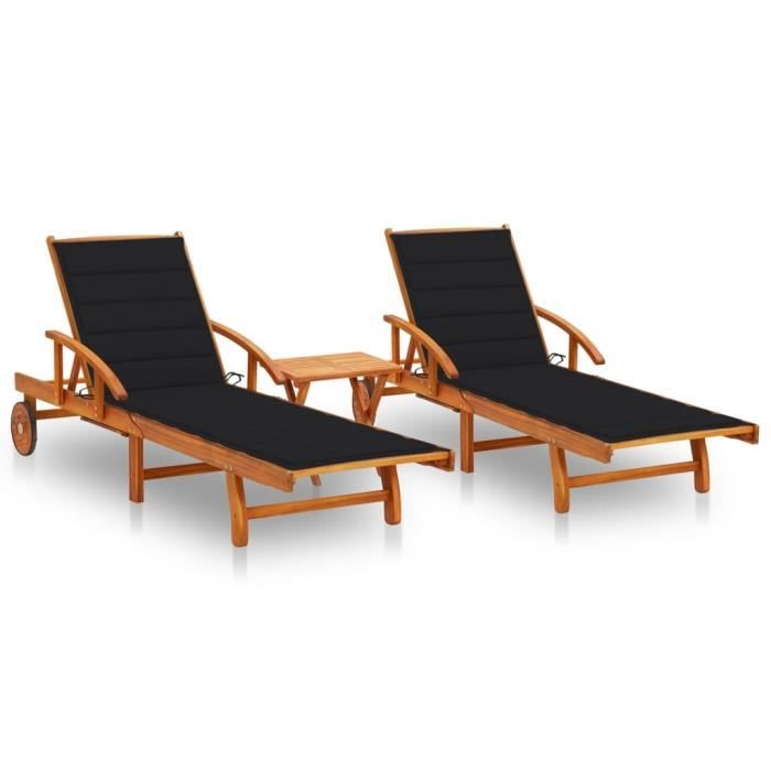 VidaXL Chaises longues 2 pcs avec table et coussins Acacia solide
