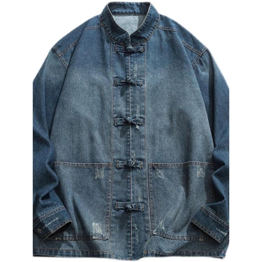 Jaqueta Jeans Lavada Estilo Chinês Retrô para Homens Primavera Outono Manga Longa Gola Alta Top Camisas Étnicas Vintage Casaco