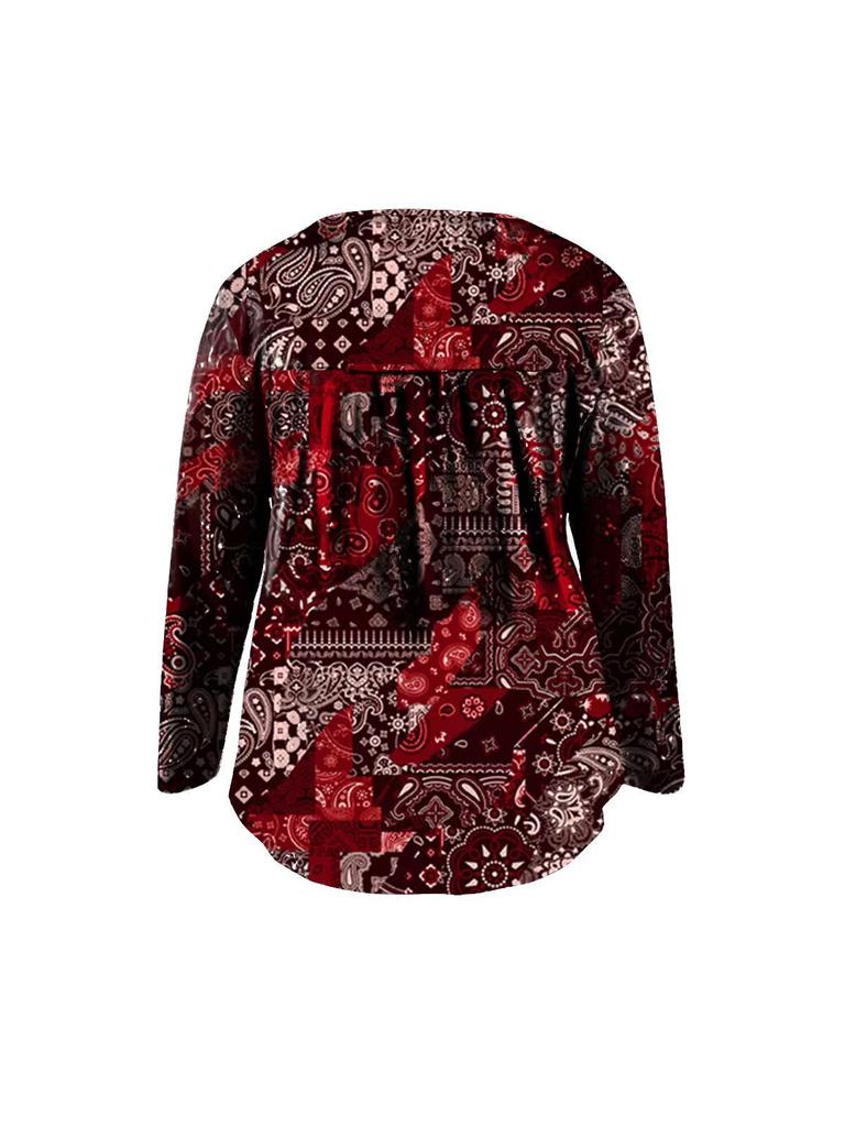 Elegant Plus Size Paisley V-Neck Button Top for Women