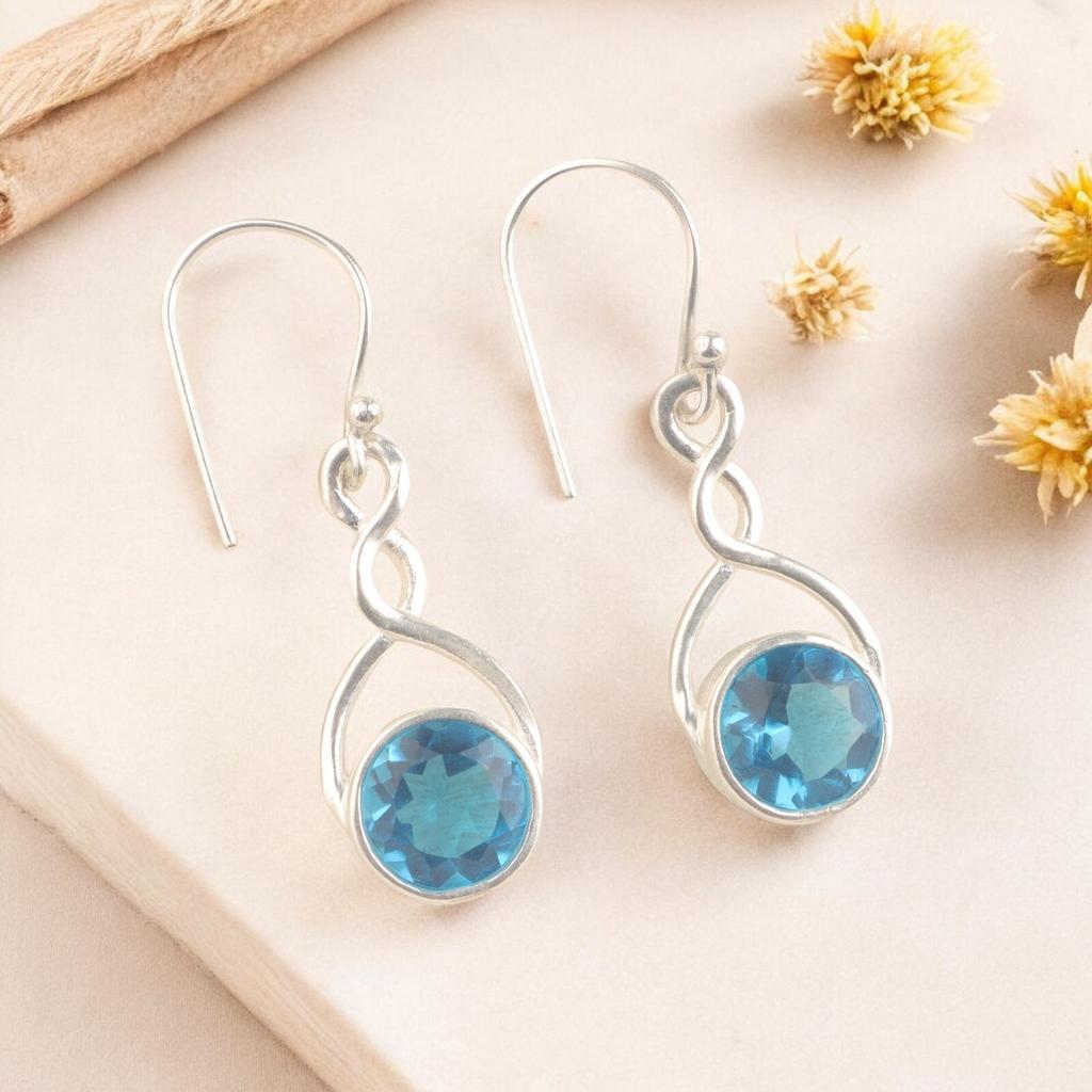 Vintage Swiss Blue Topaz Gemstone 925 Stamped Silver Jewelry Drop Earrings1.68" CE-15-9