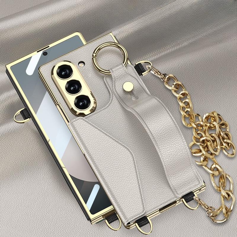 Samsung ZFold6 Telefono Cellulare Pelle di Chitina Stile Piccola Fragranza Braccialetto Borsa per Carte Braccialetto a Catena Portatile Custodia in Pelle