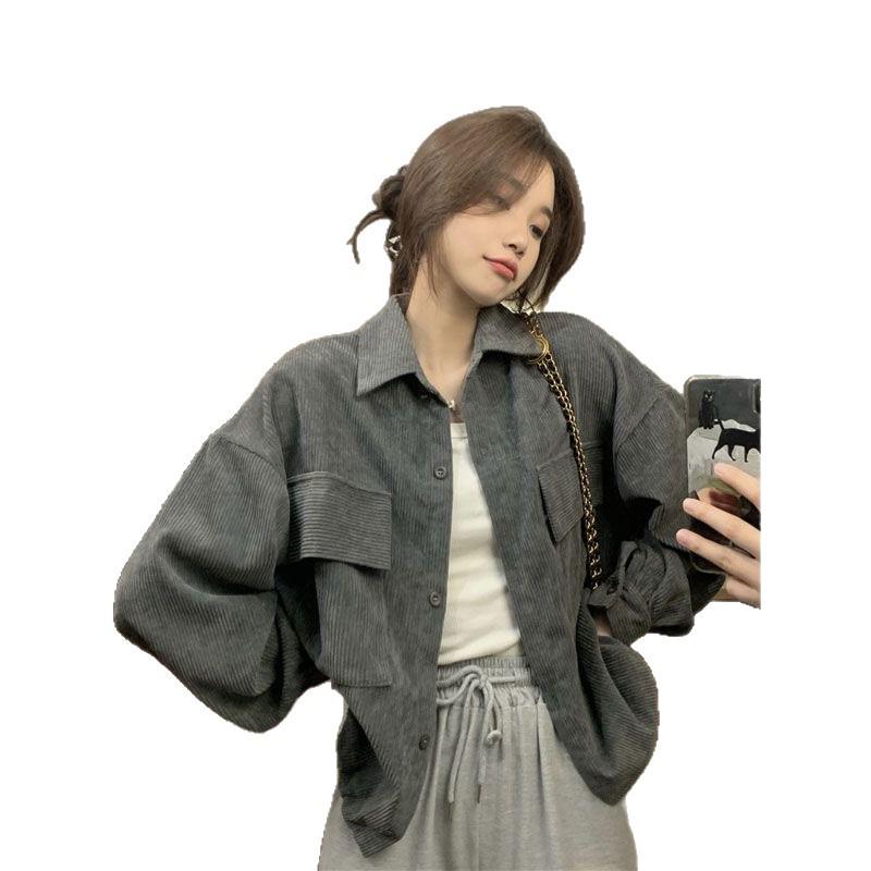 Korean Style Retro Corduroy Lapel Cardigan for Women - Spring/Autumn 2026 Trendy Design