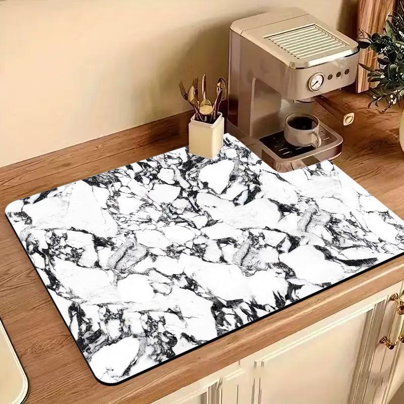 Tapis de Café en Marbre Blanc Séchage Rapide Super Absorbant Antidérapant Protecteur de Plan de Travail pour Machine à Café Tapis de Cuisine Bar 20x30cm 8x12inch