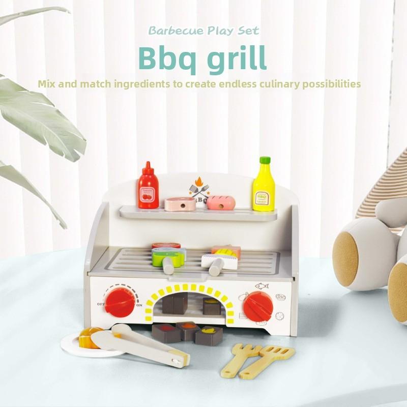 Wooden Simulation Kitchen Stove Kitchenware And Barbecue Grill Model Kid Toy For Parentchild Interaction