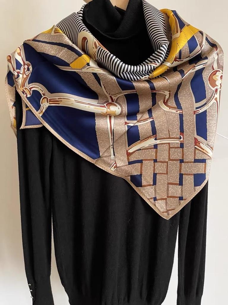 Women's Retro Fashion Mulberry Silk Feel Square Scarf - Summer Faux Satin, Sun Protection, 90cm