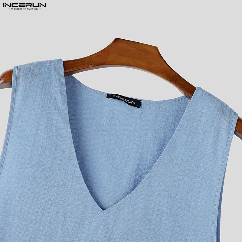 INCERUN Men V Neck Sleeveless Side Lace-up Thin Casual Loose Long Tank Tops