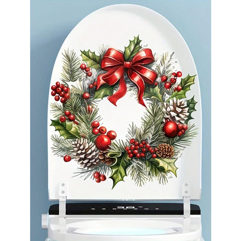 Christmas Festive Toilet Lid Decal With Pine Garland Berries And Baubles Christmas Series Toilet Stickers PVC Self-Adhesive Christmas Wreath Stic