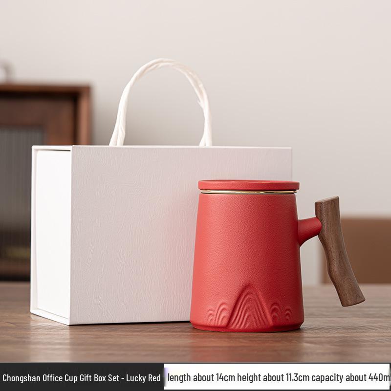 Ceramic Tea Cup with Water Separation, Large Capacity, All-Ceramic Filter, Walnut Wood Handle, Customizable Logo.