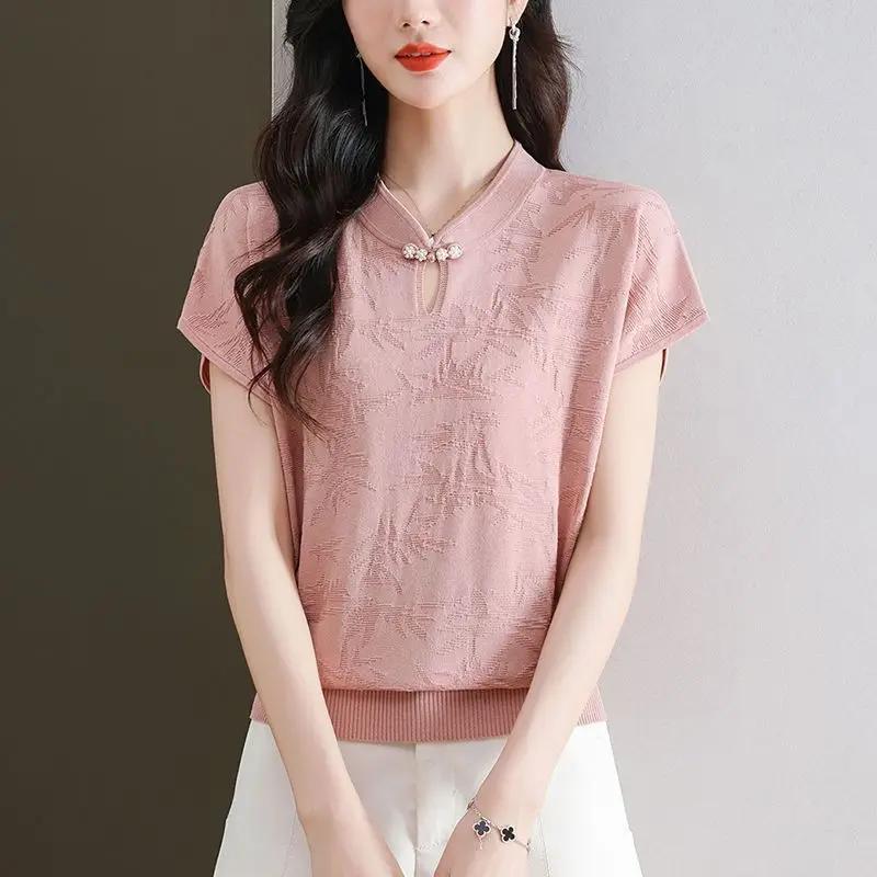 Summer Chinese Style Knit Top Women's Short Sleeve Jacquard Button Decor Blouse