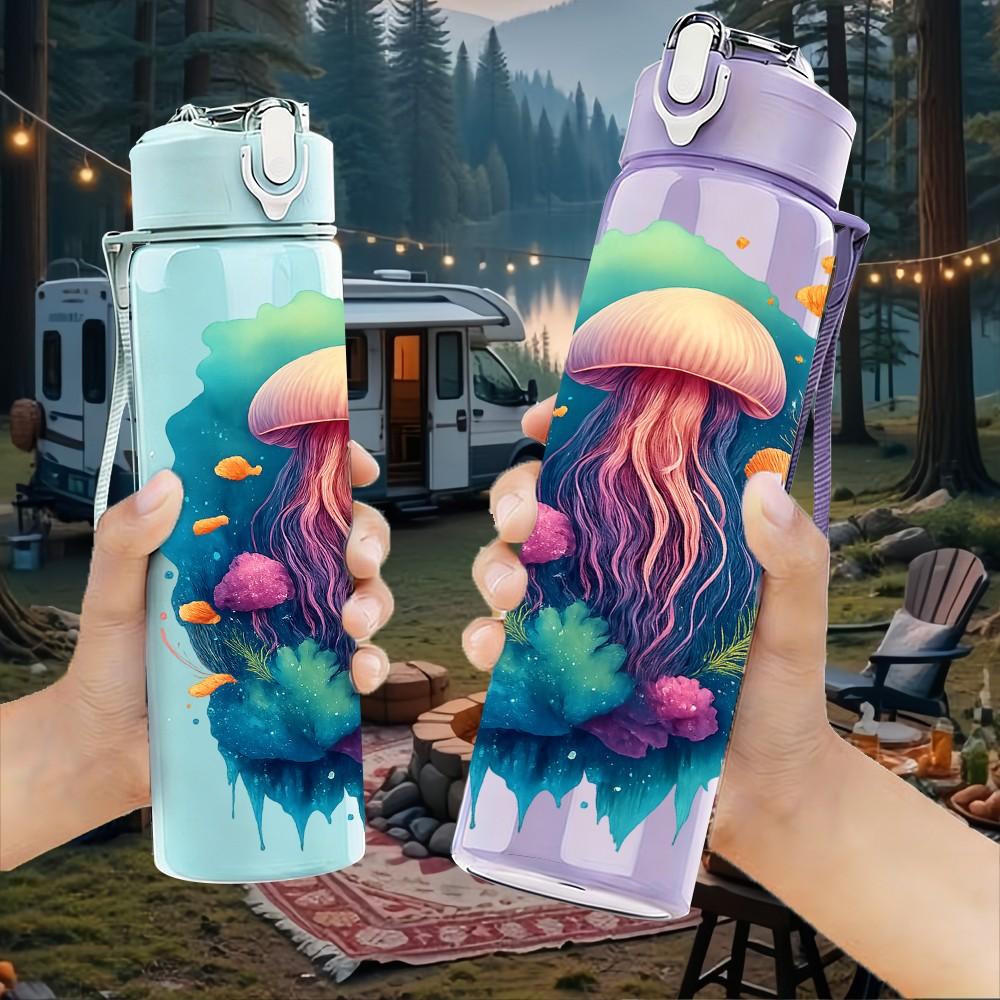 1PC Colorful Jellyfish Art 750ml Color Plastic Sports Water Bottle Leakproof Flip Straw Lid Suitable for Sports Office Home Use