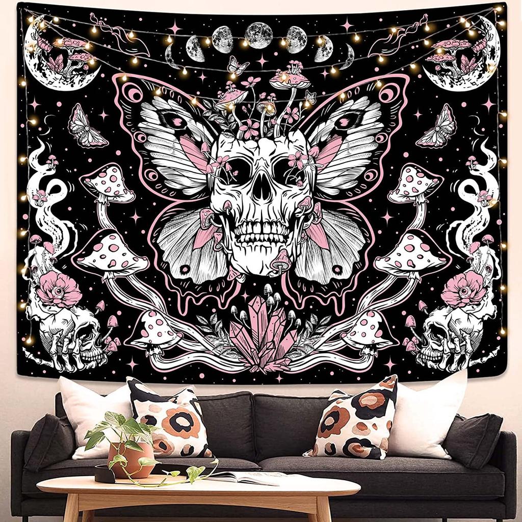 Skull Mushroom Halloween Tapestry Wall Hanging Witchcraft   Hippie  Rug Dorm Decor Psychedelic