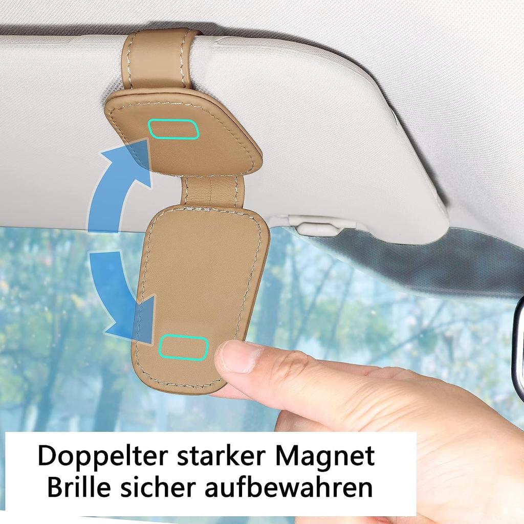 2 Pack Glasses Holder for Car Sun Visor, Genuine Leather Car Visor Accessories, Sunglasses Holder, Magnetic Sunglasses Holder, Ticket Clip