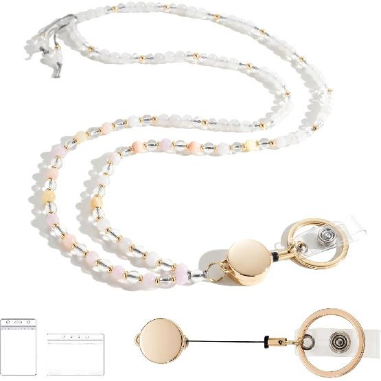 Retractable Lanyards for ID Badges and Keys, Beaded Lanyards for Women Natural Stone, Teacher Lanyard High-Performance Cute Lanyard Morganite
