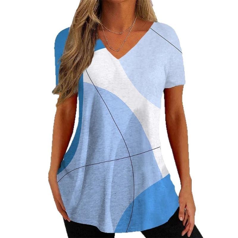 Spring Summer Short Sleeved T-shirts for Women Trendy Short Sleeved Tops V-neck Short Sleeved Tops Retro 3D Printed Shirt