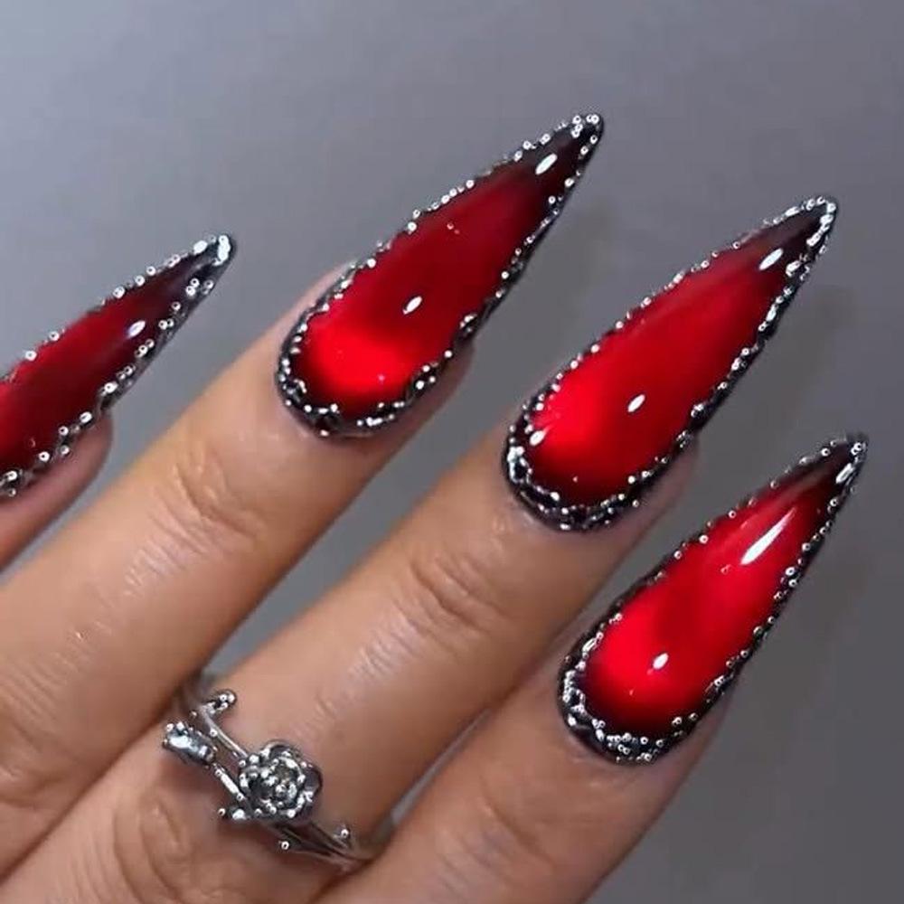 Миндалевидные бордовые кошачий глаз накладные ногти - Набор из 24 штук