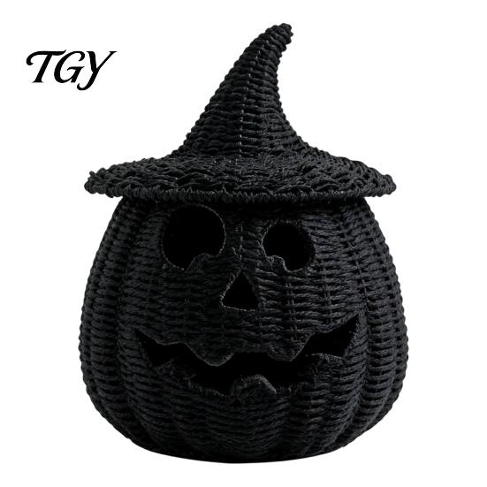 Autumn Table Decoration Halloween Resin Pumpkin Basket, Faux Woven Lantern Ornament, Spooky Gothic Home Decor Black Candy Jar for Tabletop Mantel