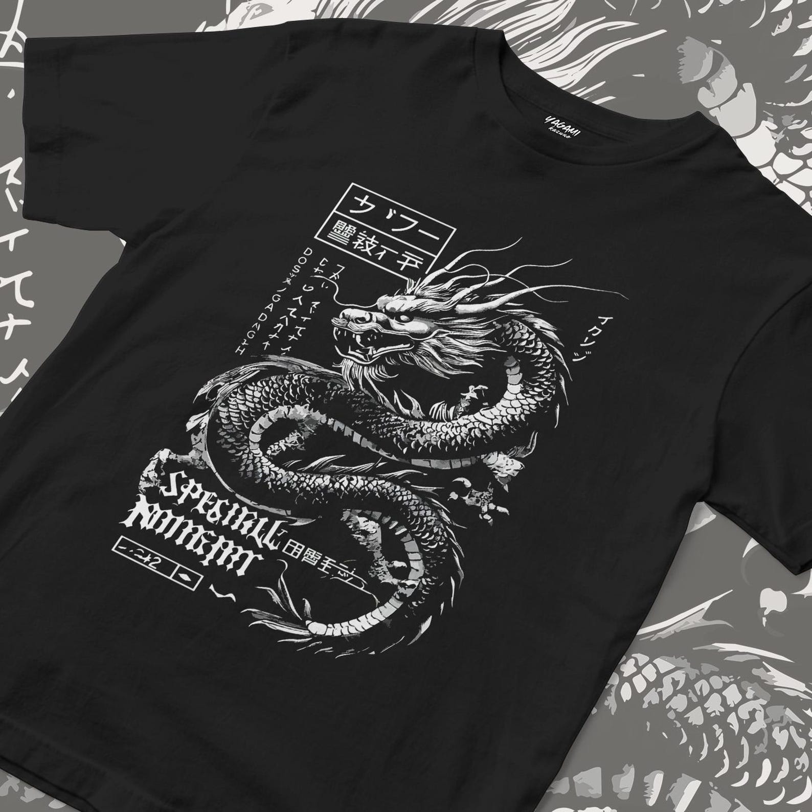 Japanese Dragon Warrior T-Shirt | Black & White Oriental Art Tee L