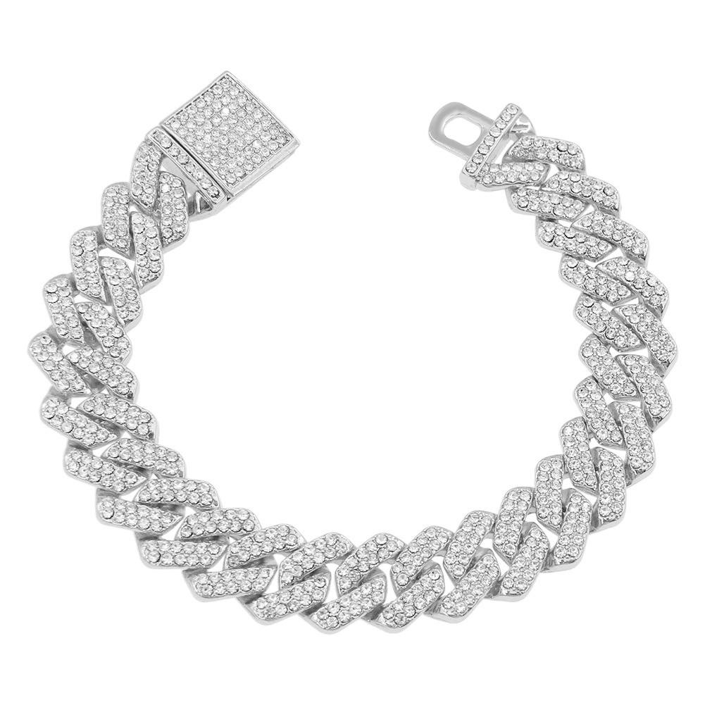 13MM  2 Row Rhinestone Paved Miami Rhombus Cuban Chain Hip Hop Men Women  Prong Cuban Link Chain Bracelet Iced Out Men Jewelry