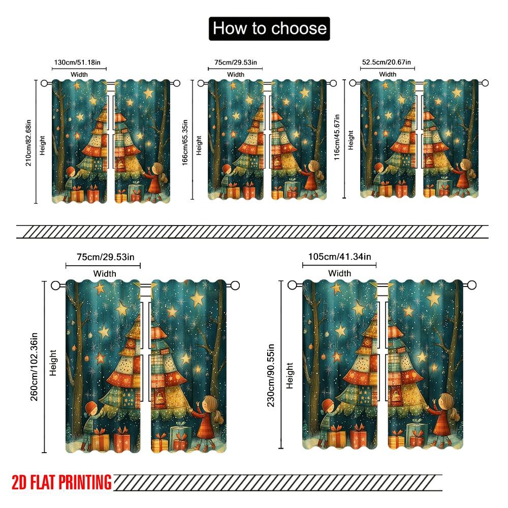 2pcs,2D plane printing Curtain Popular Charming Festive Christmas Tree Scene (2) Polyester (without rod) Home Decor for Bedroom,
