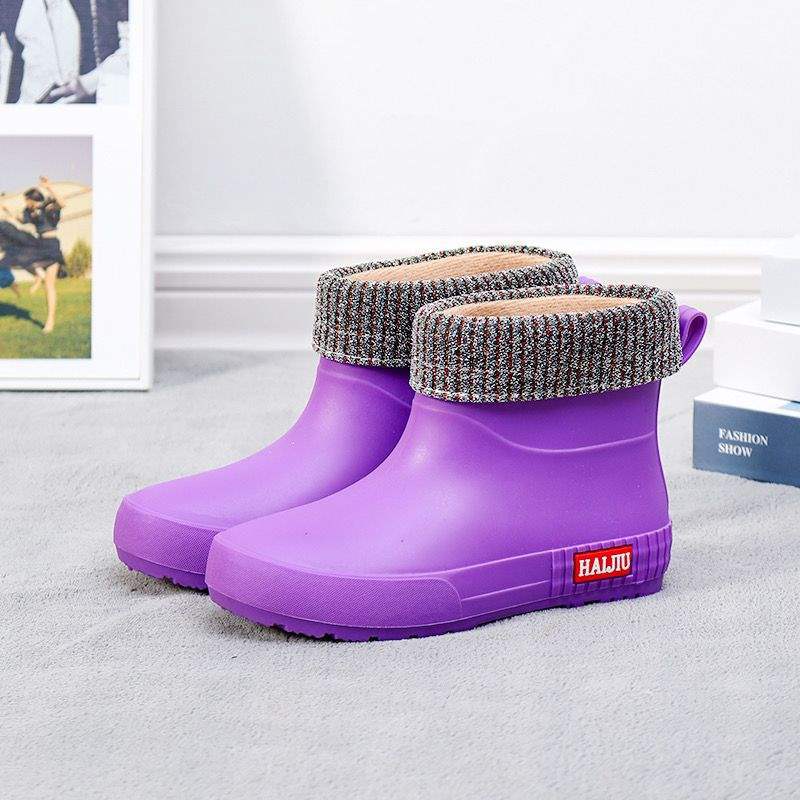 Medium tube rain shoes women's non-slip short tube rubber shoes fleece warm water shoes kitchen waterproof shoes women's lightweight flat rain boots