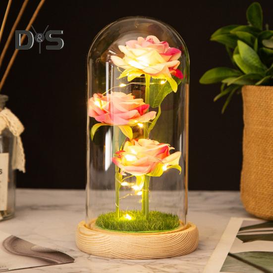 Rose préservée dans un dôme en verre avec éclairage LED, fleur éternelle, cadeau romantique pour femme, Saint-Valentin, fête des mères