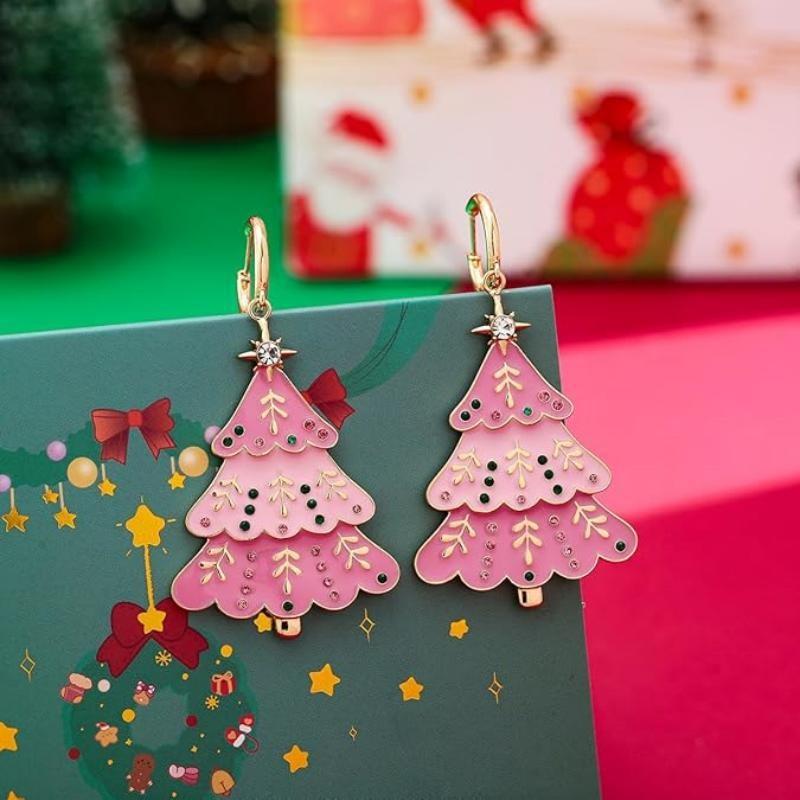Premium Alloy Pink Christmas Tree Earrings And Necklace Set Perfect For Holiday Gatherings
