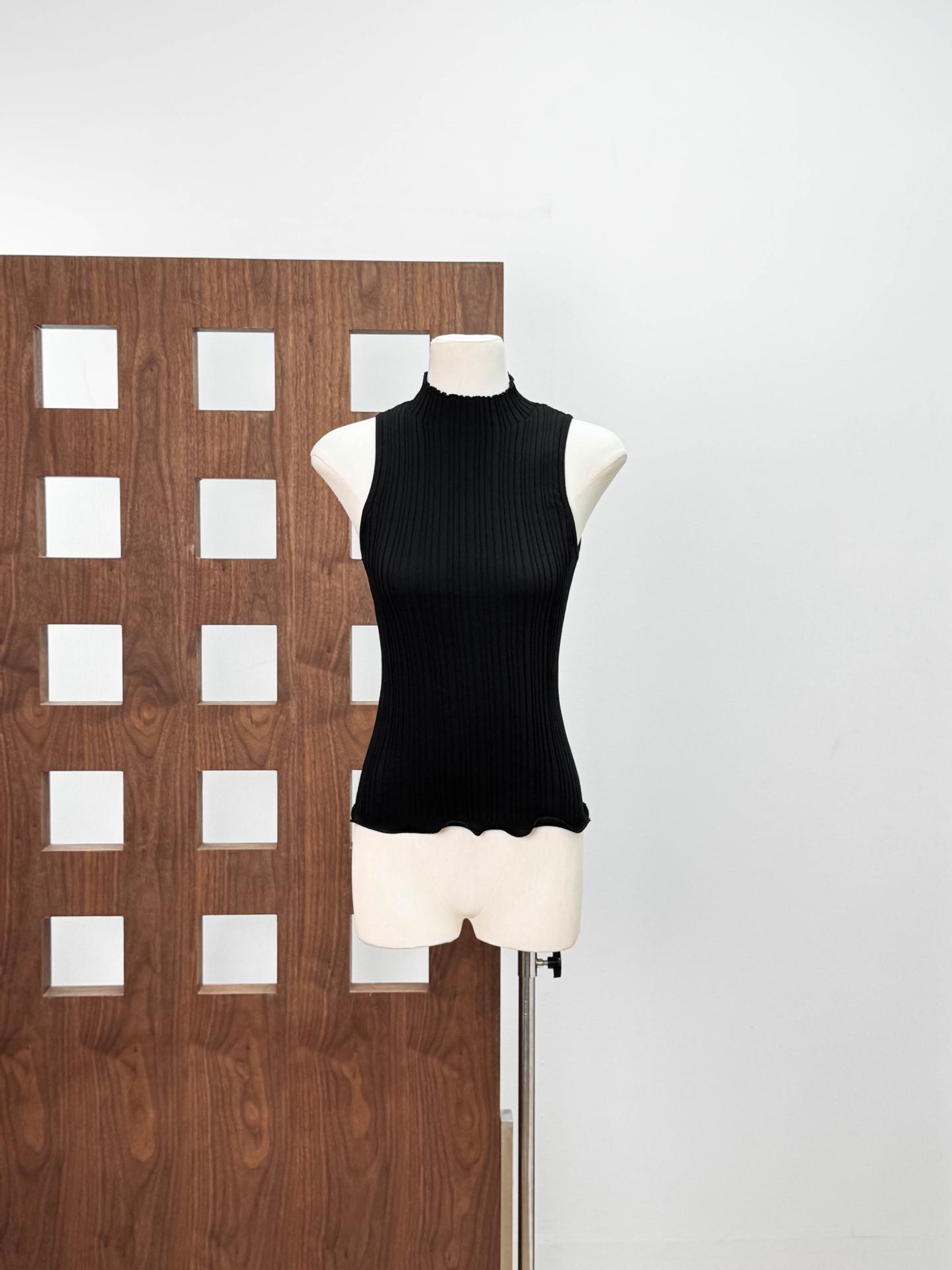 Autumn/Winter Elegant High Neck Ruffle Sleeveless Knit Vest - Women s Slim Ribbed Top Medium чёрный