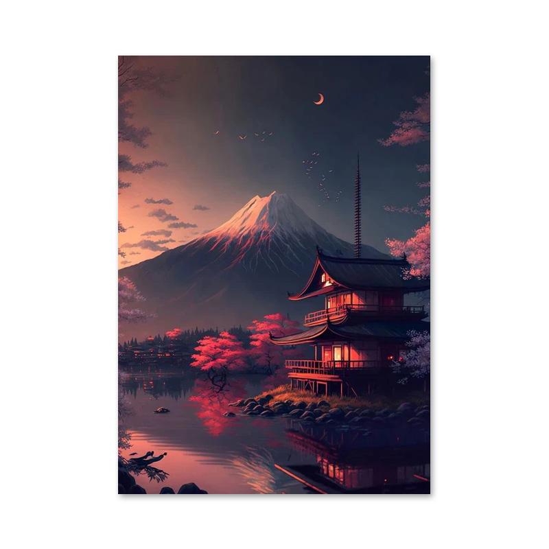 Retro Fantasy Japan House Village Landscape Posters and Prints Canvas Paintings Sakura Lake Wall Art For Living Room Home Decor