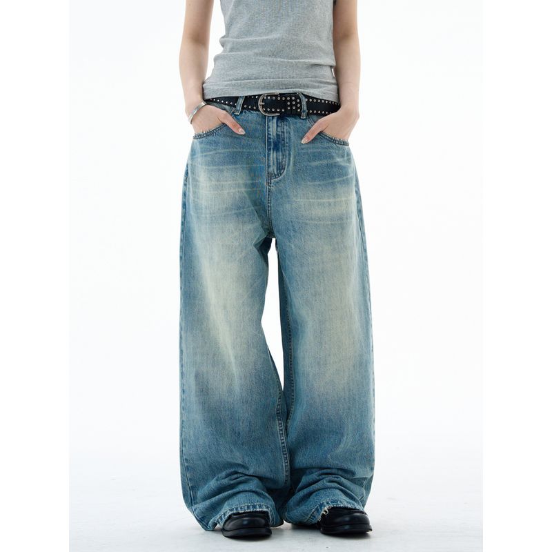 Madwitch Retro Cool Washed Straight-Leg Jeans for Men and Women, Loose Casual High Street Distressed Wide-Leg Pants Trendy