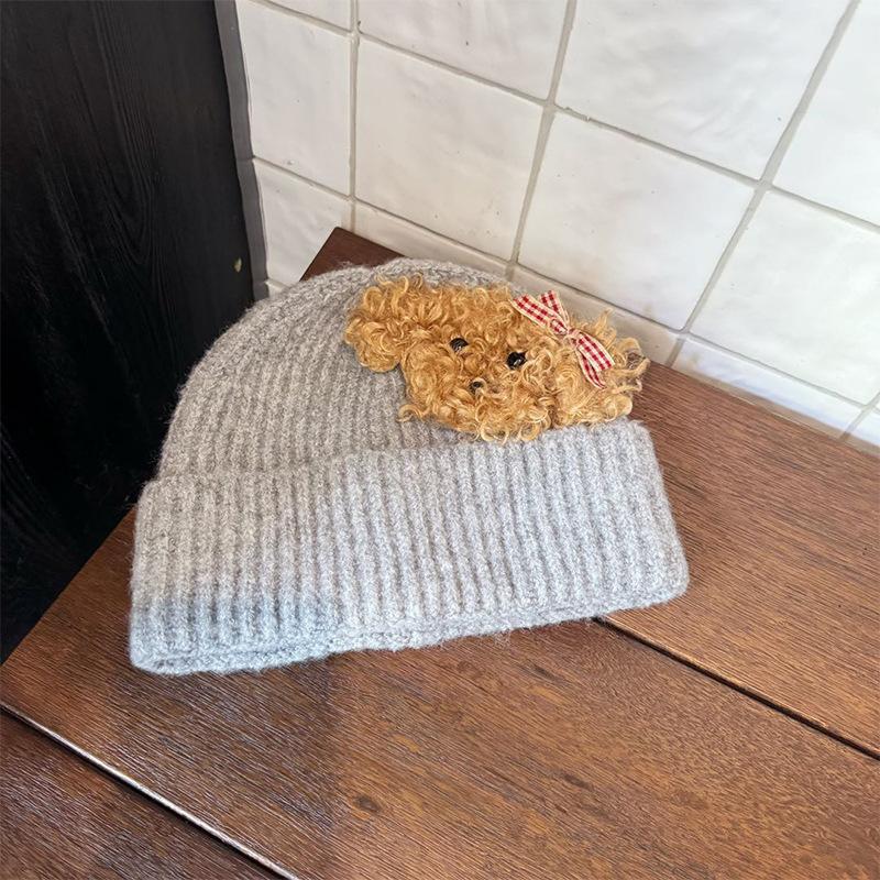 Korean Autumn and Winter Knitted Hat Cute Teddy Puppy Woolen Hat for Women  Versatile Warm and Face Friendly Small Ear Protection Hat  Pullover Hat