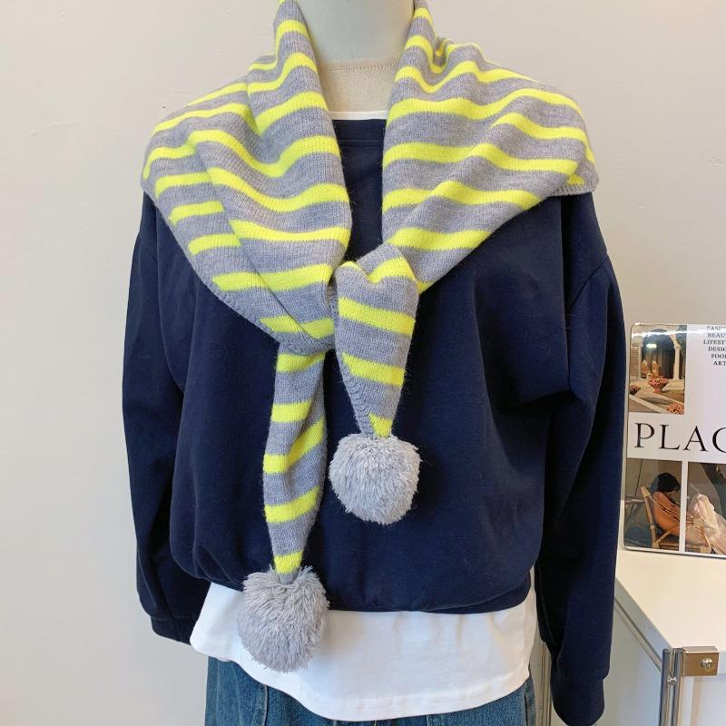 Women S Warm Knit Triangle Scarf With Pom Pom Korean Style Versatile Fashion Scarf
