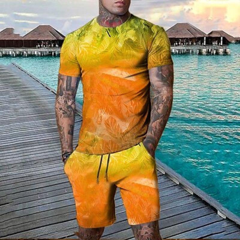 Men's Shorts T Shirt Set Outfits Graphic Leaf Plant Crew Neck Clothing Apparel 3D Print Outdoor Daily Short Sleeve 2 Piece Designer Casual Comfortable