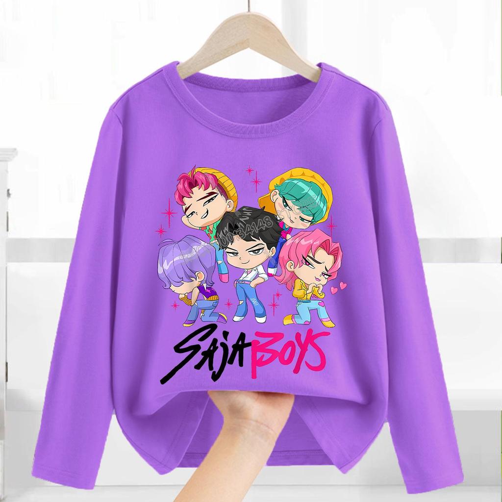 Cotton T-Shirts Girls Long Sleeve Children's Cartoon Printed Clothing Children's Purple Clothes Girls Crew Neck Top