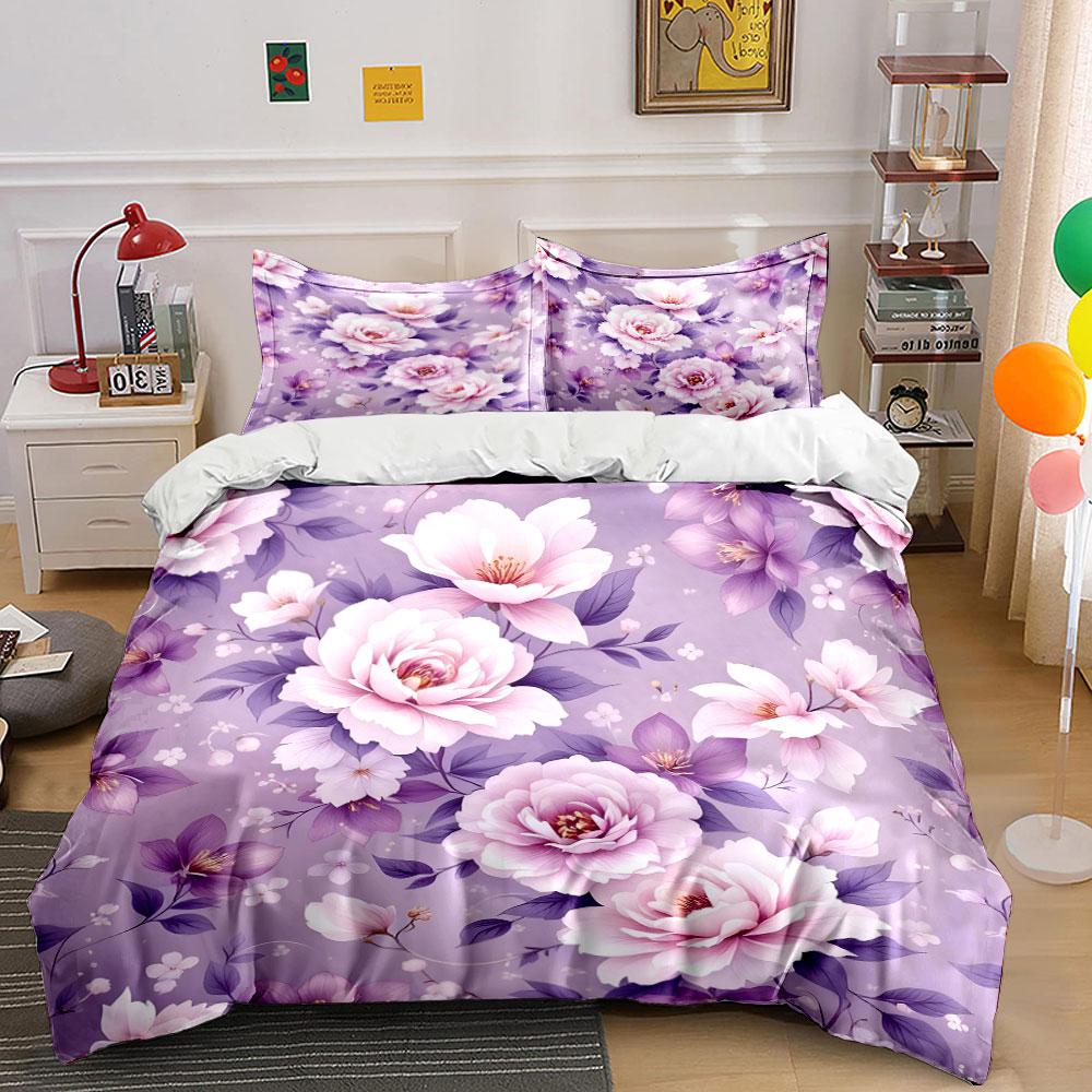 Purple Floral Peony Pattern Bedding Duvet Cover Set (1*Duvet Cover 2*Pillowcases, Without Duvet Insert)